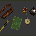 Vintage Adventure Items Including Leather Bag Green Book Compass Lantern Telescope And Box