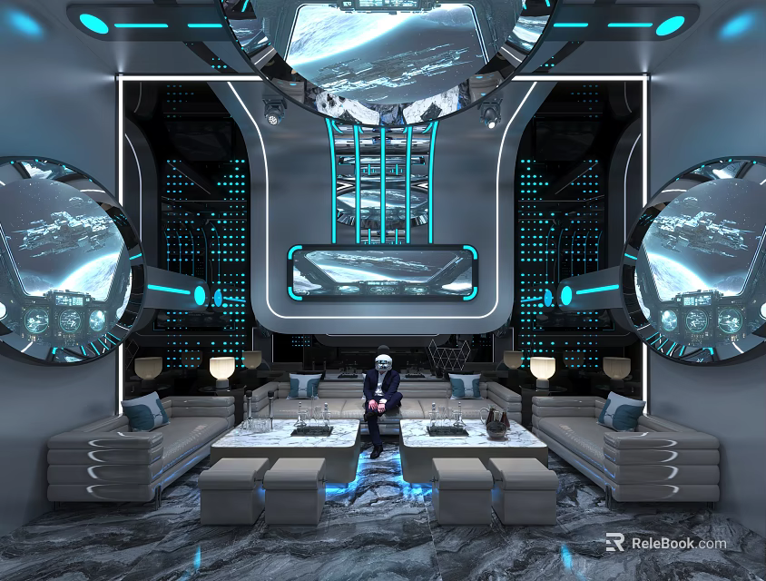 Futuristic KTV Interior With Blue Lighting Sofa Seats And Modern Decor 3d model 