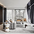 Modern Open Living and Dining Room Interior With Gray Sofa White Kitchen Island And Fireplace