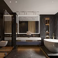 Modern Bathroom Interior With Black Marble Walls Wooden Accents Glass Shower And White Bathtub