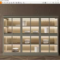 Modern Sideboard Cabinet With Glass Doors Lighting And Displayed Dishes Cups