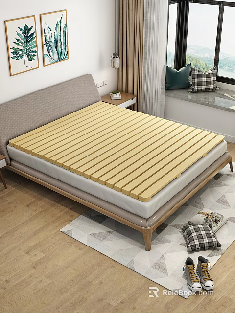 Double Bed With Wooden Slat Mattress Support Grey Upholstered Headboard And Light Wood Frame 3d model 
