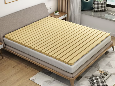 Double Bed With Wooden Slat Mattress Support Grey Upholstered Headboard And Light Wood Frame 3d model