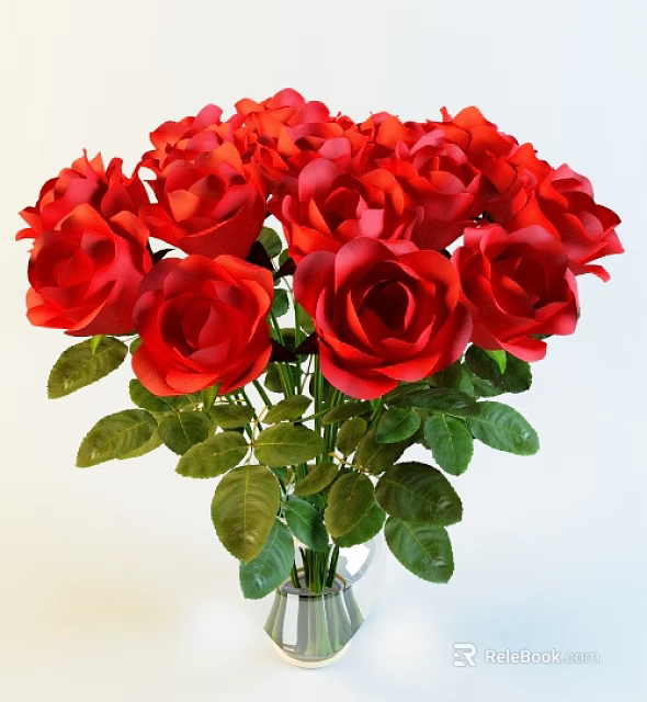 Elegant Red Roses Arrangement in Transparent Glass Vase with Fresh Green Leaves 3d model 