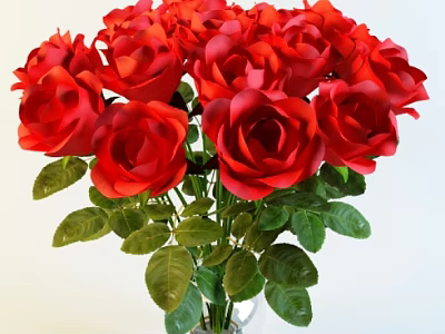 Elegant Red Roses Arrangement in Transparent Glass Vase with Fresh Green Leaves 3d model