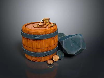 Rustic Wooden Barrel With Gold Coins Blue Gemstones And Scattered Coins 3d model