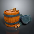 Rustic Wooden Barrel With Gold Coins Blue Gemstones And Scattered Coins