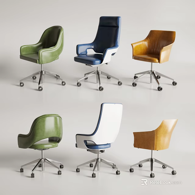 Modern Office Chairs In Various Colors With Ergonomic Design And Swivel Wheels 3d model 