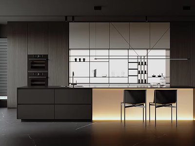 Sleek Modern Dark Kitchen Interior With Open Layout Island Counter Lighting And Chairs 3d model