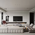 Modern Living and Dining Room Interior With Large Sofa Coffee Table TV Wall And Fireplace