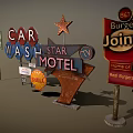 Vintage Commercial Signs Featuring Car Wash Motel Shell And Road 66 Logos