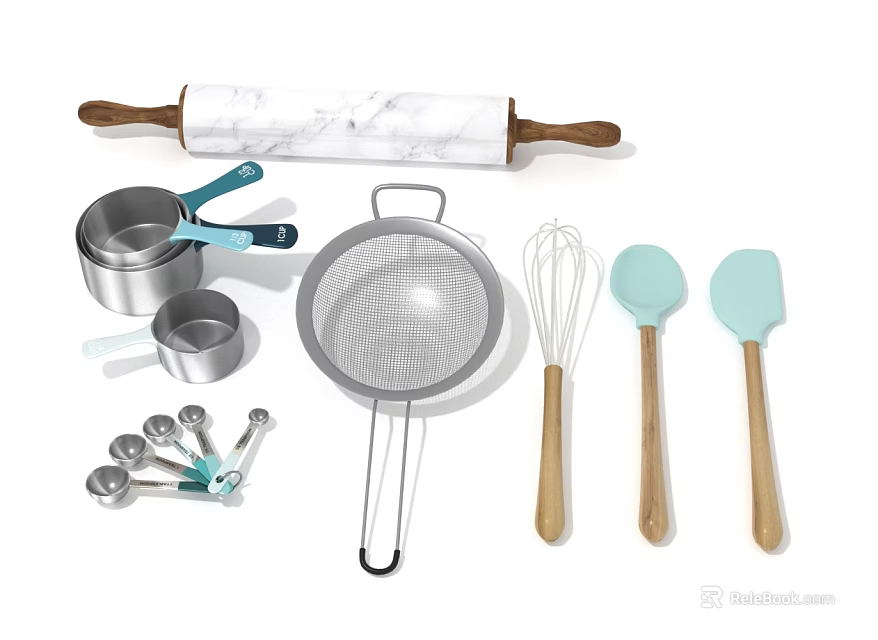 Essential Kitchen Tools With Marble Rolling Pin Metal Measuring Cups Strainer Whisk And Silicone Spatulas 3d model 