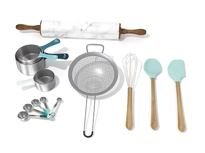 Essential Kitchen Tools With Marble Rolling Pin Metal Measuring Cups Strainer Whisk And Silicone Spatulas 3d model