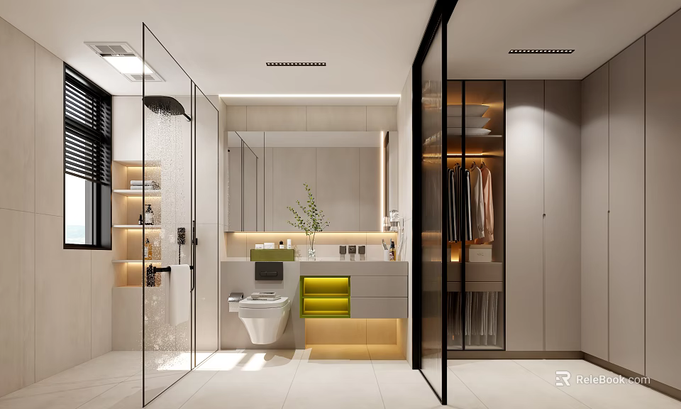 Modern Bathroom Interior Design With Glass Shower Vanity Large Mirror Yellow Drawers And Open Shelves 3d model 