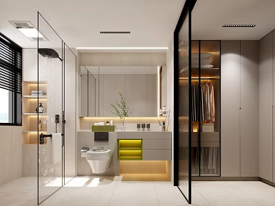 Modern Bathroom Interior Design With Glass Shower Vanity Large Mirror Yellow Drawers And Open Shelves 3d model