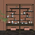 Curio Cabinet With Metal Frame Wooden Shelves Books Decorative Jars Orange Wall And Green Plant