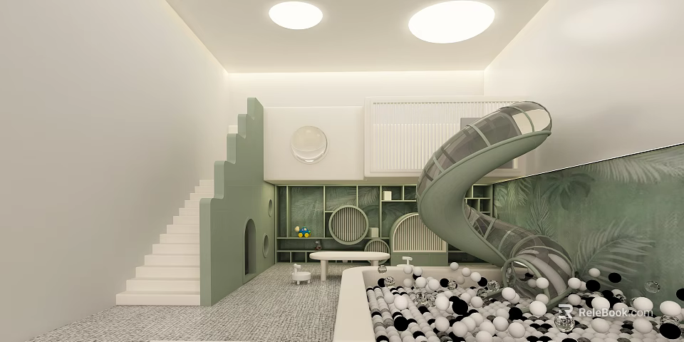 Modern Kids Playroom Interior With Slide Stairs Ball Pit Circular Decor And Green Plants 3d model 