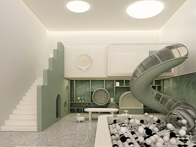 Modern Kids Playroom Interior With Slide Stairs Ball Pit Circular Decor And Green Plants 3d model
