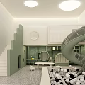 Modern Kids Playroom Interior With Slide Stairs Ball Pit Circular Decor And Green Plants