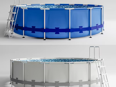 Round Swimming Pool with Blue and White Design Metal Frame Structure and Ladder Feature 3d model