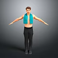 Shirtless Man With Turquoise Towel On Shoulders And Arms Outstretched In Black Pants