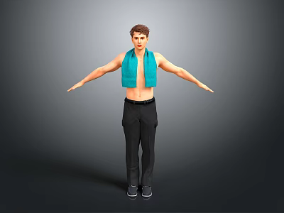 Shirtless Man With Turquoise Towel On Shoulders And Arms Outstretched In Black Pants 3d model