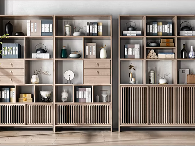 Elegant Light Wooden Display Bookcase With Decorative Items Books And Drawers 3d model
