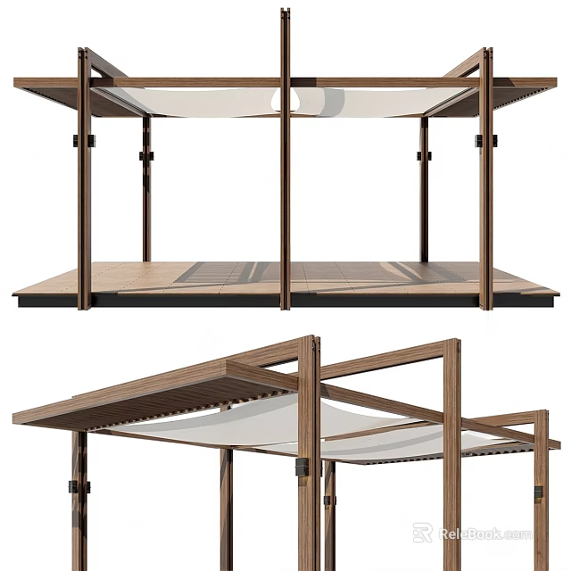 Modern Wooden Pergola With Open Frame And White Canopy Design 3d model 