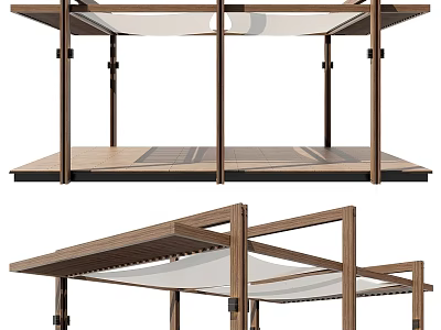 Modern Wooden Pergola With Open Frame And White Canopy Design 3d model