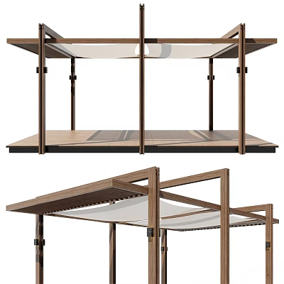 Modern Wooden Pergola With Open Frame And White Canopy Design 3d model