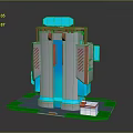 Modern 3D Tall Structure With Blue Top Red White Accents Green Base And Small Building