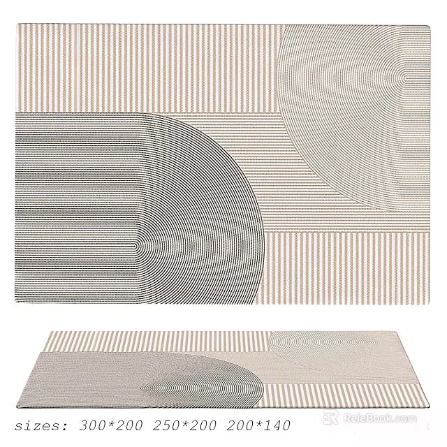 Modern Square Rug With Geometric Curved Patterns And Neutral Striped Abstract Design 3d model 