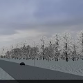 Road Facilities Along Snow Covered Street With Street Lamps And Parked Car Under Overcast Sky