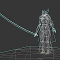Mythical Armored Character With Horned Helmet Red Cape And Longsword On Stone Brick Floor