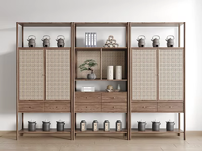 Chinese Style Wooden Antique Display Cabinet With Rattan Doors Drawers And Decorative Items 3d model