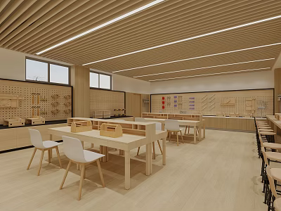 Spacious Bright Classroom Workshop With Wooden Ceiling Floor White Tables Chairs Tool Racks And Windows 3d model
