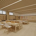 Spacious Bright Classroom Workshop With Wooden Ceiling Floor White Tables Chairs Tool Racks And Windows