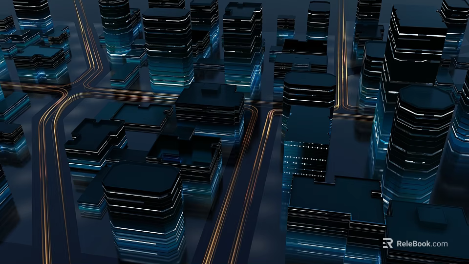 Futuristic Urban Architecture in Night Scene With Illuminated Skyscrapers and Neon Lights 3d model 