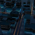 Futuristic Urban Architecture in Night Scene With Illuminated Skyscrapers and Neon Lights