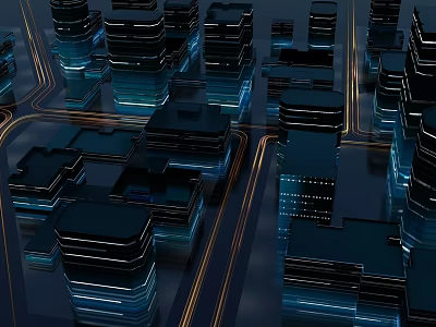 Futuristic Urban Architecture in Night Scene With Illuminated Skyscrapers and Neon Lights 3d model