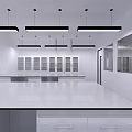 Modern Laboratory Interior With White Lab Benches Cabinets Pendant Lights Blue Flooring And Computer Chairs