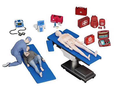 Medical Devices For Emergency Training Including First Aid Kits Mannequin And Surgical Table 3d model