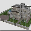 Modern Villa With Flat Roof Multiple Balconies Fence Lawn Trees Driveway And Small Pool