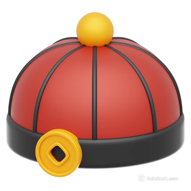 Traditional Red Hat with Yellow Ball on Top Black Brim and Side Decoration 3d model 