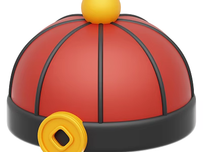 Traditional Red Hat with Yellow Ball on Top Black Brim and Side Decoration 3d model