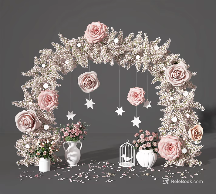 Decorative Flower Arch With Pink Roses White Vases And Pink White Flowers White Stars Birdcage 3d model 