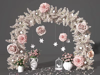 Decorative Flower Arch With Pink Roses White Vases And Pink White Flowers White Stars Birdcage 3d model