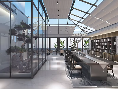 Modern Lounge Area With Glass Curtain Walls Skylights Green Plants Long Table And Bookshelves 3d model