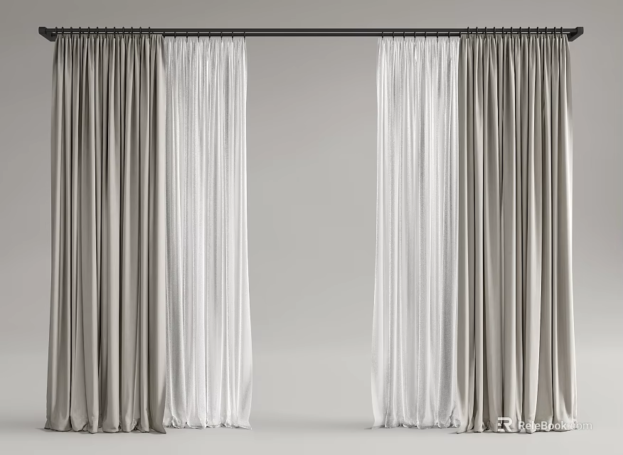Modern Double Layer Curtain Design With Gray Fabric Panels And White Sheer Drapes 3d model 