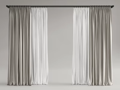 Modern Double Layer Curtain Design With Gray Fabric Panels And White Sheer Drapes 3d model